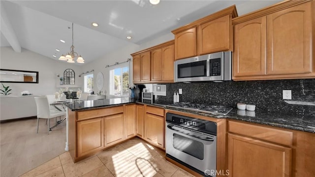 kitchen with lofted ceiling with beams, decorative light fixtures, decorative backsplash, a notable chandelier, and stainless steel appliances