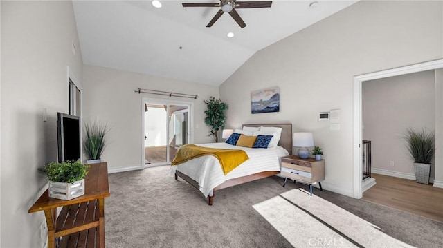 bedroom featuring hardwood / wood-style flooring, high vaulted ceiling, and ceiling fan