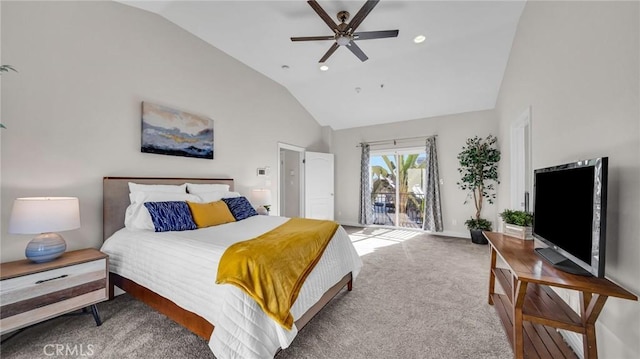 carpeted bedroom featuring access to outside, ceiling fan, and high vaulted ceiling