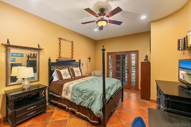 bedroom featuring access to exterior, tile patterned floors, ceiling fan, and french doors