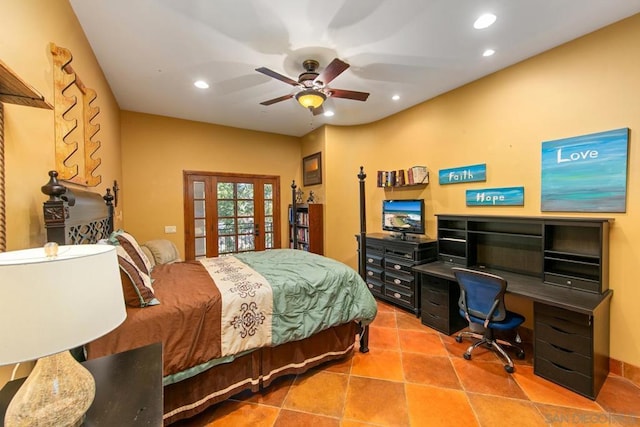 bedroom featuring tile patterned floors and ceiling fan