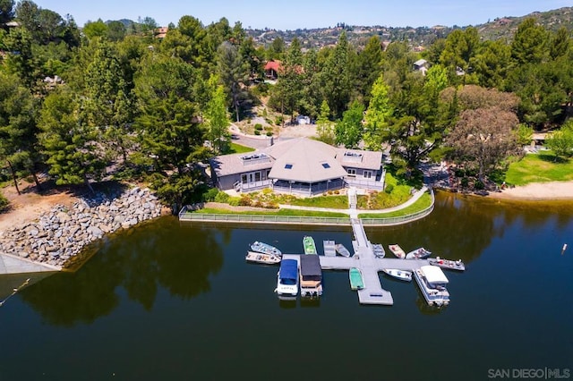 aerial view featuring a water view