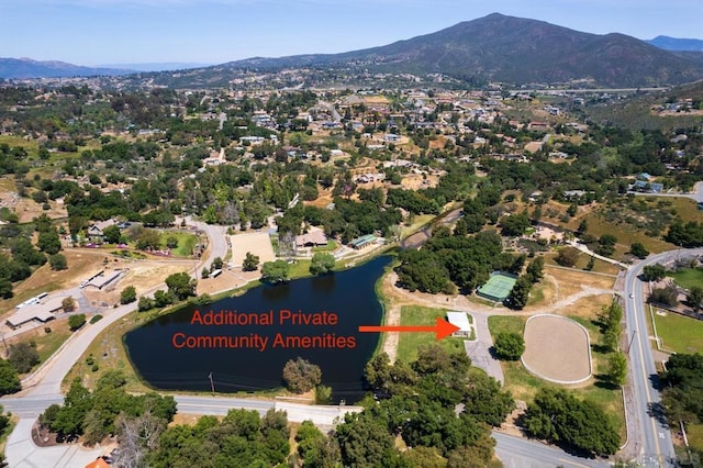 drone / aerial view featuring a water and mountain view