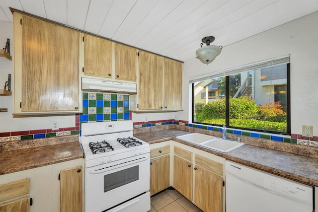 kitchen with sink, wood ceiling, light tile patterned floors, white appliances, and backsplash