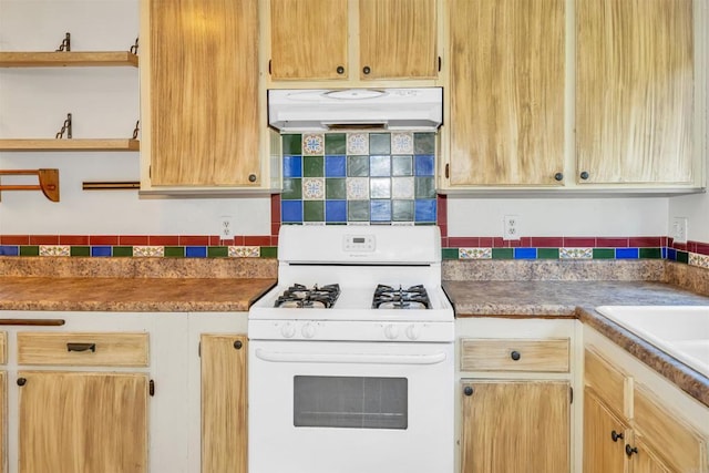 kitchen featuring sink, decorative backsplash, and white range with gas stovetop