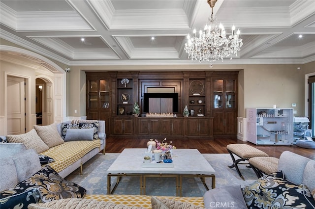 living room featuring dark wood-type flooring, crown molding, and coffered ceiling