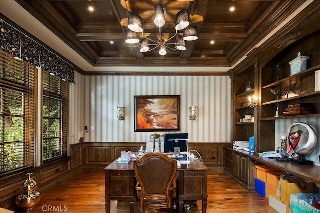 office space featuring built in features, beam ceiling, wood ceiling, and coffered ceiling