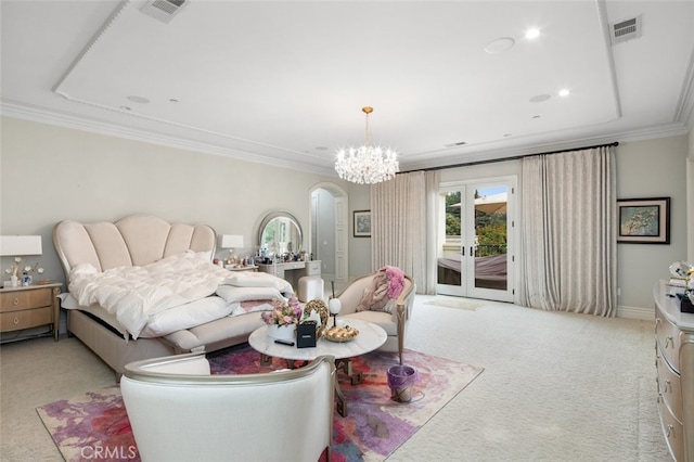 carpeted bedroom with a raised ceiling, access to outside, a notable chandelier, french doors, and crown molding