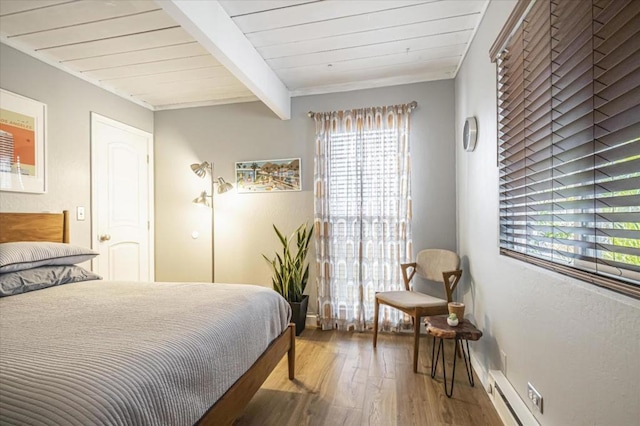 bedroom featuring beam ceiling, wood-type flooring, wooden ceiling, and a baseboard radiator