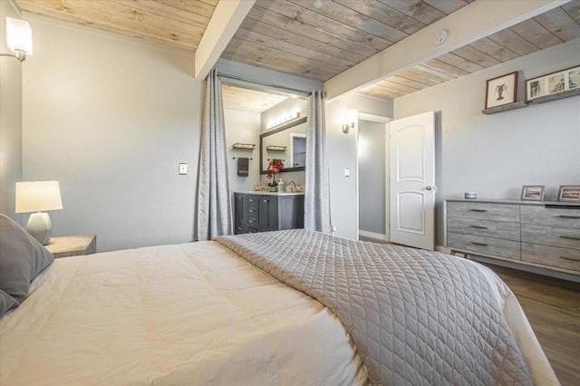 bedroom with wood ceiling, beam ceiling, and dark hardwood / wood-style flooring