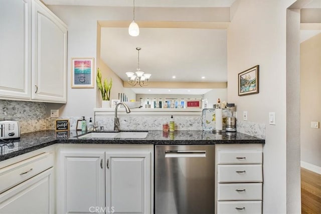 kitchen with white cabinetry, hanging light fixtures, a chandelier, stainless steel dishwasher, and sink