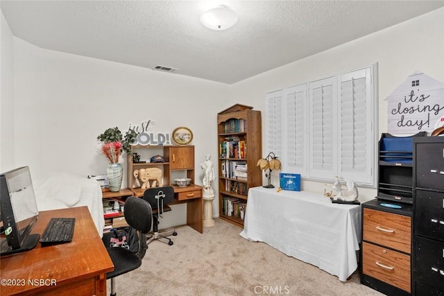 carpeted office with a textured ceiling