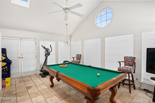 710 Crystal Way, Nipomo, CA 93444 - game room featuring high vaulted ceiling, light tile patterned floors, ceiling fan, and billiards table