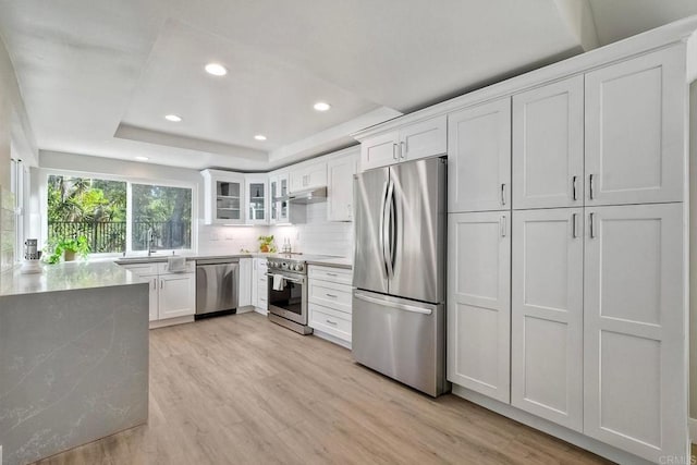 kitchen featuring tasteful backsplash, appliances with stainless steel finishes, white cabinetry, and a tray ceiling