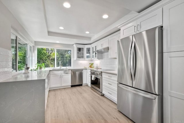 kitchen featuring white cabinets, stainless steel appliances, light hardwood / wood-style floors, a raised ceiling, and light stone counters