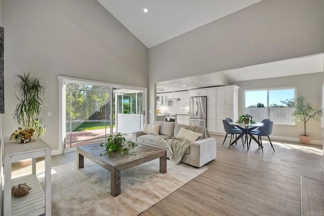 living room with high vaulted ceiling and light hardwood / wood-style flooring