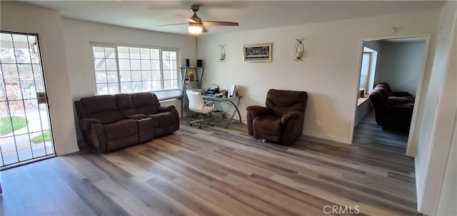 living room with hardwood / wood-style flooring and ceiling fan