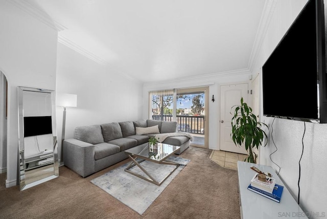 carpeted living room with crown molding