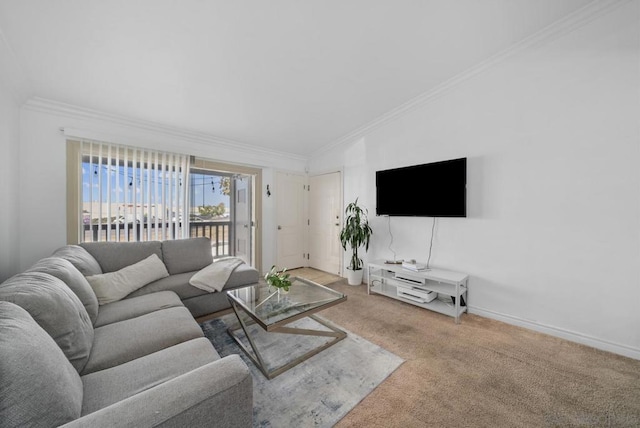 carpeted living room featuring ornamental molding and vaulted ceiling