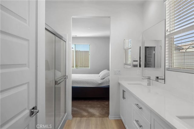 bathroom with hardwood / wood-style flooring, a shower with door, and vanity