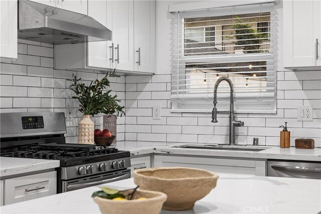 kitchen with backsplash, white cabinets, stainless steel appliances, and range hood