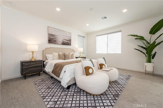 bedroom featuring light carpet and ornamental molding