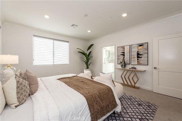 carpeted bedroom with crown molding