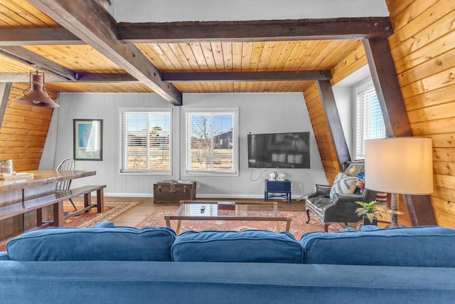 living room featuring wooden ceiling, plenty of natural light, wooden walls, and beamed ceiling