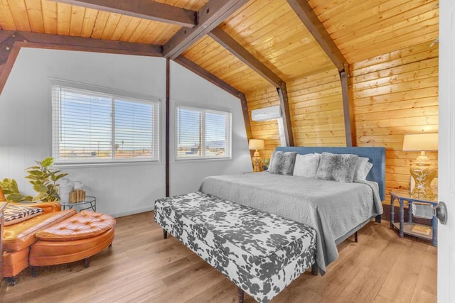 bedroom featuring multiple windows, wood ceiling, lofted ceiling with beams, and light wood-type flooring