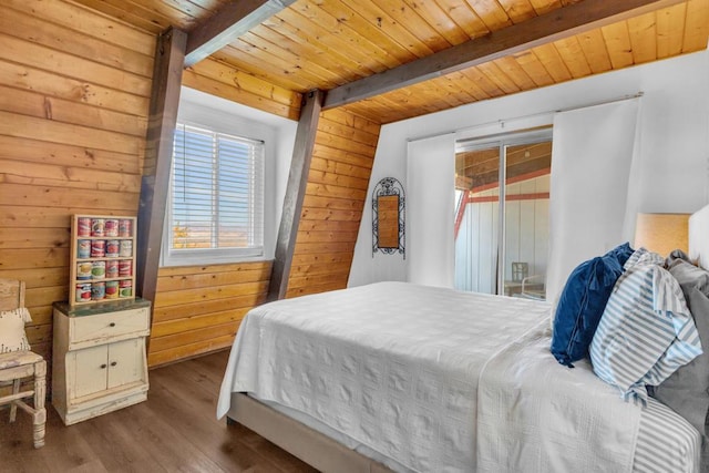 bedroom featuring beam ceiling, dark wood-type flooring, wood ceiling, and wooden walls