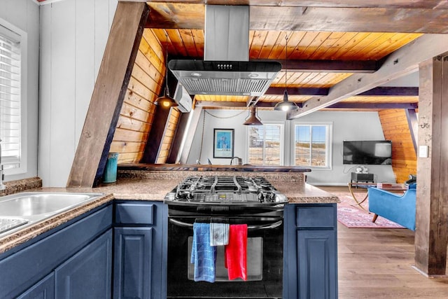 kitchen with hardwood / wood-style flooring, black gas stove, island range hood, wooden ceiling, and beamed ceiling