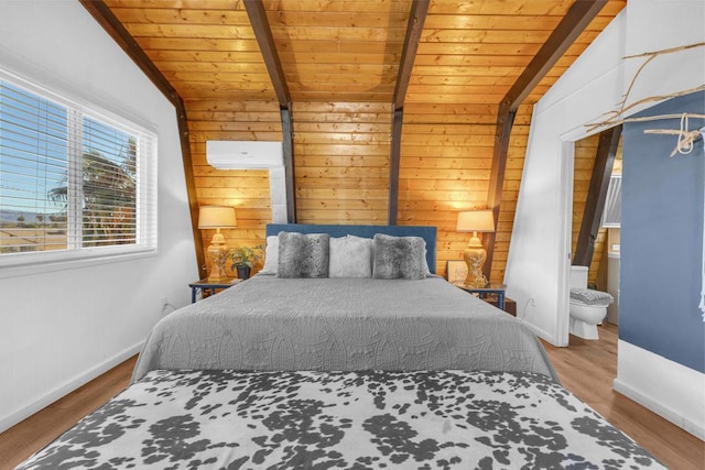 bedroom with an AC wall unit, vaulted ceiling with beams, hardwood / wood-style floors, and wood ceiling