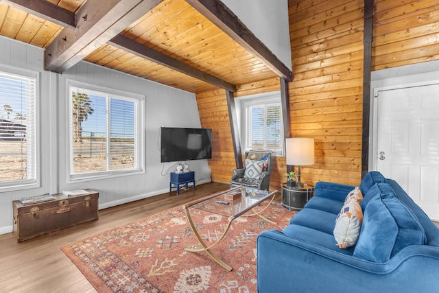 living room with beamed ceiling, wood ceiling, wooden walls, and hardwood / wood-style floors