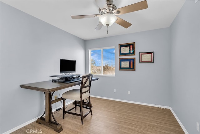 office space featuring hardwood / wood-style floors and ceiling fan