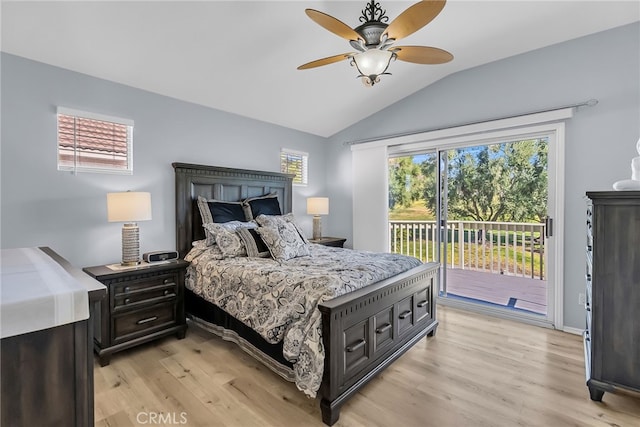 bedroom featuring access to exterior, ceiling fan, vaulted ceiling, and light wood-type flooring