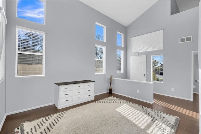 bedroom with dark hardwood / wood-style floors and high vaulted ceiling