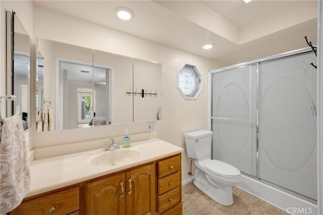 bathroom featuring vanity, toilet, and a shower with door