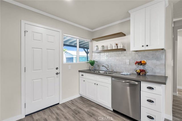 kitchen with dishwasher, white cabinetry, and sink