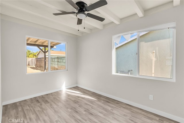 spare room featuring beam ceiling, light hardwood / wood-style floors, and ceiling fan