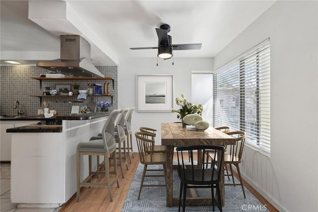 dining room with ceiling fan and wood finished floors