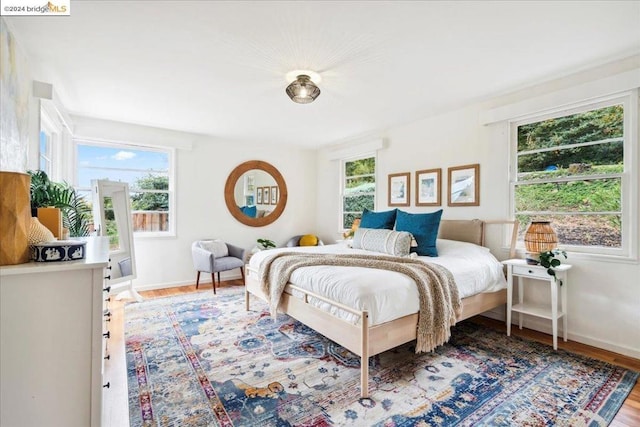 bedroom with multiple windows and wood-type flooring