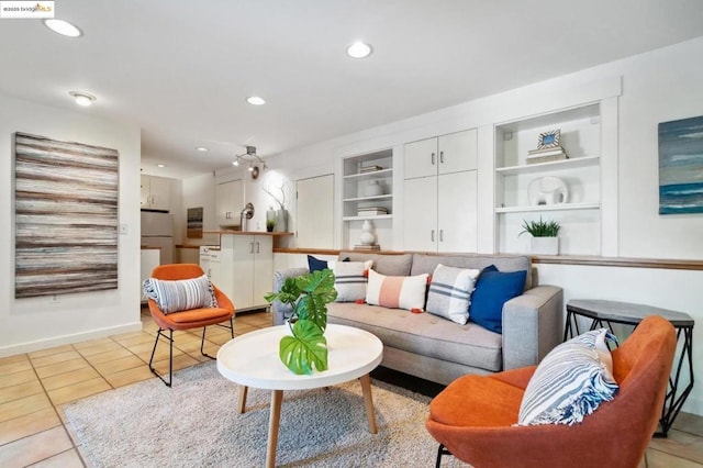 living room with light tile patterned flooring and built in features