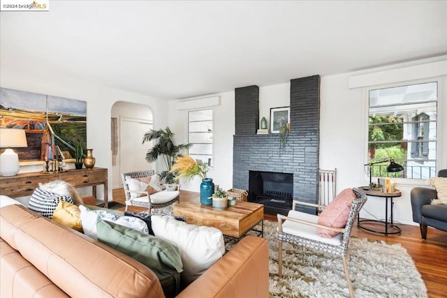 living room featuring a fireplace and wood-type flooring