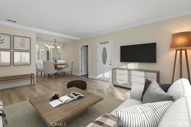 living room featuring ornamental molding, light hardwood / wood-style flooring, and a notable chandelier