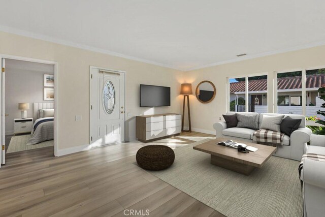 living room featuring light wood-type flooring and ornamental molding