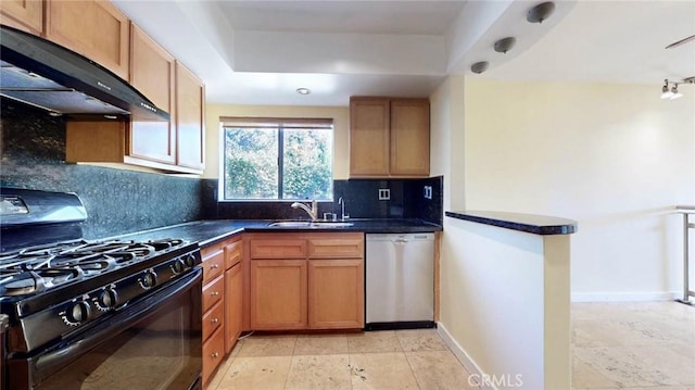 kitchen with dishwasher, sink, backsplash, ventilation hood, and black gas range