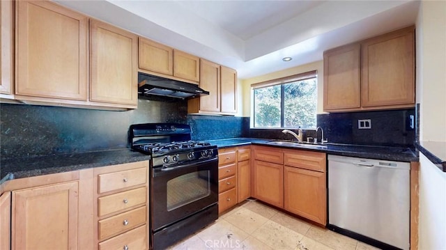 kitchen with dishwasher, decorative backsplash, sink, ventilation hood, and black gas range