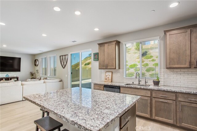 kitchen featuring a sink, stainless steel dishwasher, light wood finished floors, and recessed lighting