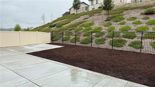 view of yard featuring fence and a patio area