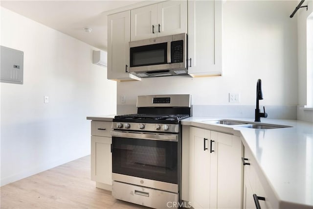 kitchen featuring electric panel, sink, light wood-type flooring, appliances with stainless steel finishes, and white cabinets